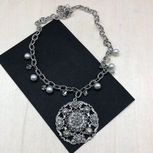 liz palacios silver tone statement style crystal regal dressy medallion necklace